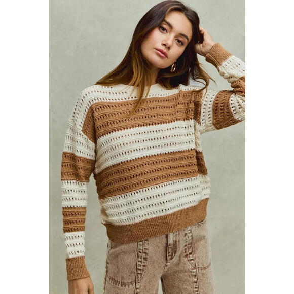 SO ME Openwork Round Neck Wide Stripe Textured Sweater - Picture 4 of 10